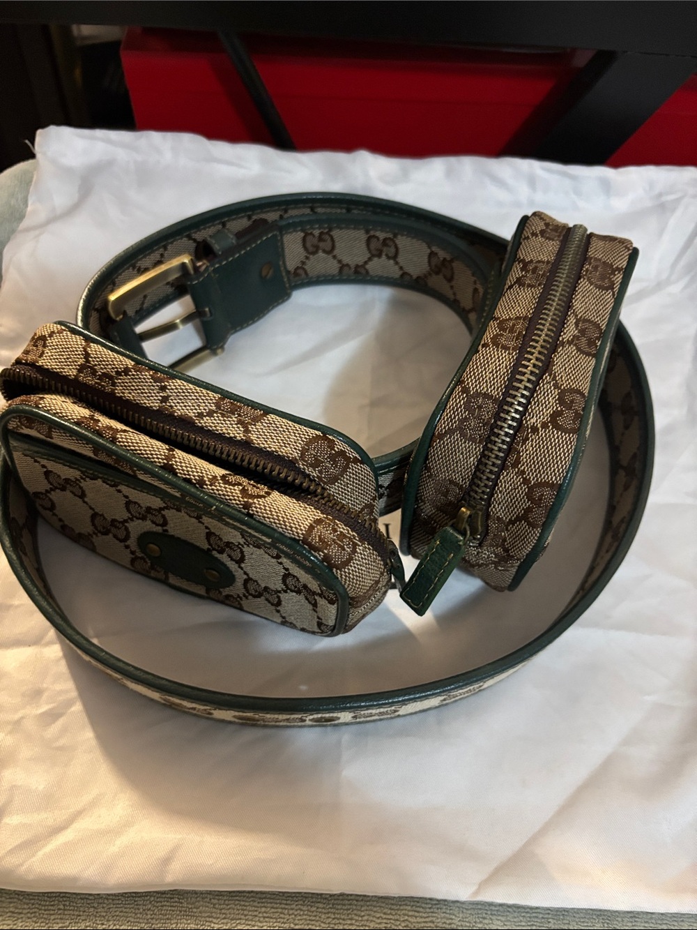 Gucci Beige GG Canvas Double Pouch Belt Bag with Green Trim - Picture 5 of 6